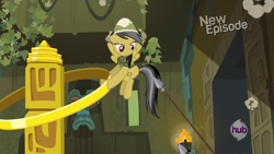 Size: 1920x1080 | Tagged: safe, screencap, character:daring do, species:pegasus, species:pony, episode:daring don't, g4, my little pony: friendship is magic, clothing, female, flying, fortress of talacon, hat, mare, pillar of burnination, pith helmet, rings of scorchero, solo, spear, weapon