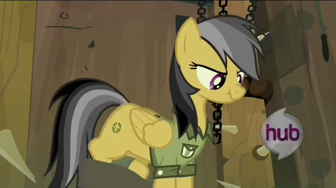 Size: 692x388 | Tagged: safe, screencap, character:daring do, species:pegasus, species:pony, episode:daring don't, g4, my little pony: friendship is magic, animated, female, fortress of talacon, gif, hub logo, mare, scrunchy face, solo, stomping