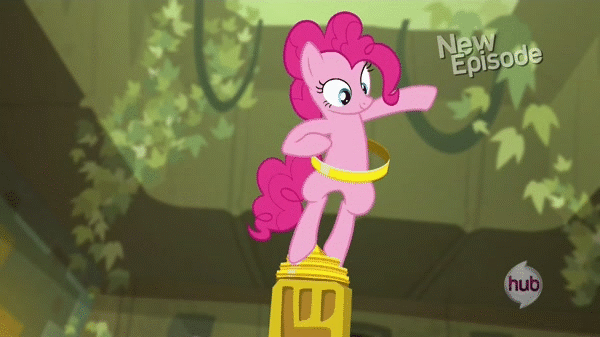 Size: 600x337 | Tagged: safe, screencap, character:pinkie pie, species:earth pony, species:pony, episode:daring don't, g4, my little pony: friendship is magic, animated, bipedal, female, hub logo, hula, loop-de-hoop, mare, pillar of burnination, ring, rings of scorchero, solo