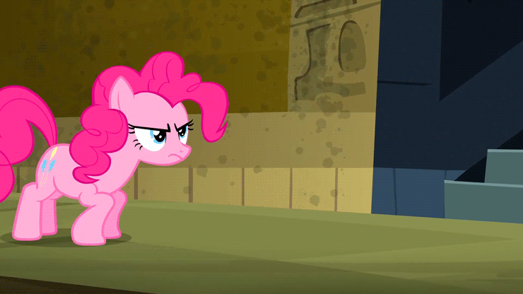 Size: 740x416 | Tagged: safe, screencap, character:pinkie pie, episode:daring don't, g4, my little pony: friendship is magic, animated, battle pronking, bouncing, fortress of talacon, frown, glare, hopping, jumping, pronking, solo
