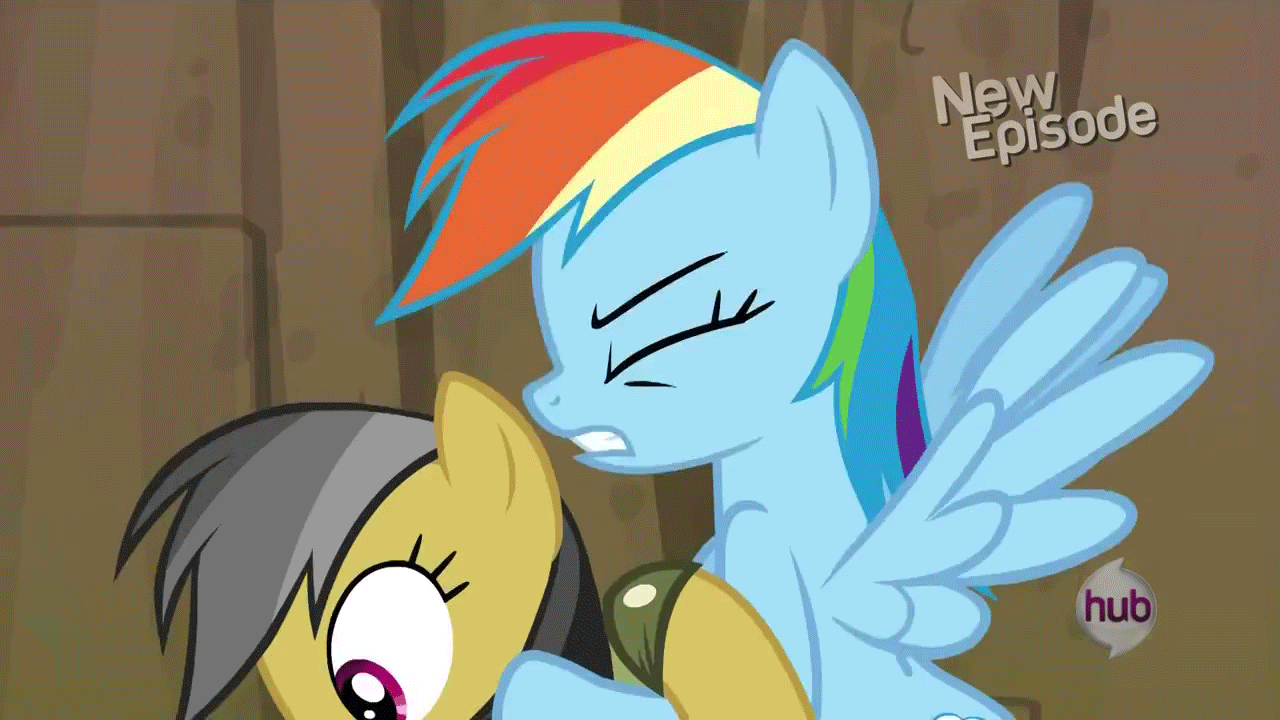 Size: 1280x720 | Tagged: safe, screencap, character:daring do, character:rainbow dash, episode:daring don't, g4, my little pony: friendship is magic, animated, fortress of talacon, hub logo, out of context