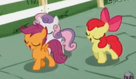 Size: 551x322 | Tagged: safe, screencap, character:apple bloom, character:scootaloo, character:sweetie belle, species:pegasus, species:pony, episode:flight to the finish, g4, my little pony: friendship is magic, season 4, animated, fence, hub logo, loop, walking