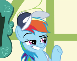 Size: 1354x1075 | Tagged: safe, screencap, character:rainbow dash, episode:flight to the finish, g4, my little pony: friendship is magic, clothing, dreamworks face, grin, hat, smug, solo, whistle