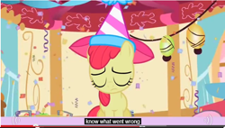 Size: 642x364 | Tagged: safe, screencap, character:apple bloom, episode:the cutie pox, g4, my little pony: friendship is magic, i know exactly what went wrong, meme, solo, youtube caption