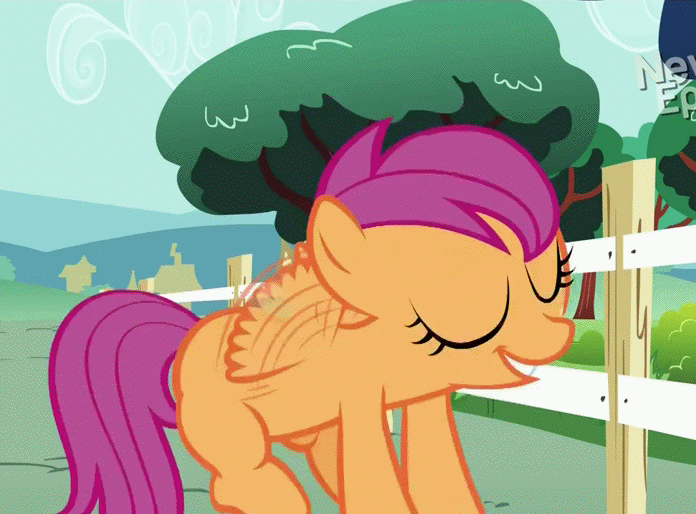 Size: 696x514 | Tagged: safe, screencap, character:scootaloo, species:pegasus, species:pony, episode:flight to the finish, g4, my little pony: friendship is magic, animated, buzzing wings, excited, fence, fluttering, happy, loop, scootaloo can fly, smiling, solo, wing buzz