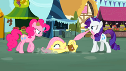 Size: 960x540 | Tagged: safe, screencap, character:fluttershy, character:pinkie pie, character:rarity, episode:putting your hoof down, g4, my little pony: friendship is magic, angry, dragging, glare, gritted teeth, out of context, ponies grabbing other ponies, pull, pulling, tail bite, tail pull, wide eyes