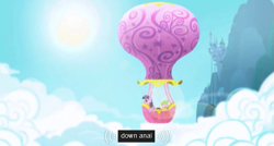 Size: 575x308 | Tagged: safe, screencap, character:spike, character:twilight sparkle, anal, canterlot, cloud, cloudy, hot air balloon, meme, opening, twinkling balloon, youtube caption