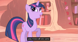 Size: 569x307 | Tagged: safe, screencap, character:twilight sparkle, episode:boast busters, g4, my little pony: friendship is magic, meme, minecraft, solo, youtube caption