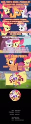 Size: 640x2520 | Tagged: safe, screencap, character:apple bloom, character:scootaloo, character:sweetie belle, species:pegasus, species:pony, episode:flight to the finish, g4, my little pony: friendship is magic, alternate ending, comic, credit joke, cutie mark crusaders, good end, image macro, orange text, vulgar