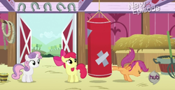 Size: 616x318 | Tagged: safe, screencap, character:apple bloom, character:scootaloo, character:sweetie belle, species:pegasus, species:pony, episode:flight to the finish, g4, my little pony: friendship is magic, cutie mark crusaders, hearts as strong as horses, hub logo, punching bag
