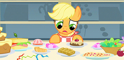 Size: 405x198 | Tagged: safe, screencap, character:applejack, episode:a bird in the hoof, g4, my little pony: friendship is magic, animated, food, hatless, hors d'oeuvre, indecision, loop, missing accessory, napkin, open mouth, salad, sandwich, solo