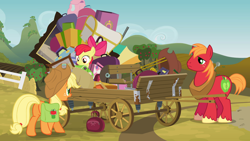 Size: 1920x1080 | Tagged: safe, screencap, character:apple bloom, character:applejack, character:big mcintosh, species:earth pony, species:pony, episode:pinkie apple pie, g4, my little pony: friendship is magic, male, stallion, wagon