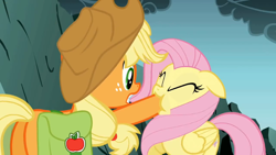 Size: 1024x576 | Tagged: safe, screencap, character:applejack, character:fluttershy, species:earth pony, species:pegasus, species:pony, episode:dragonshy, g4, my little pony: friendship is magic, animation error, female, hoof in mouth, hoofjack, mare, mouth, plot