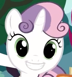 Size: 359x385 | Tagged: safe, screencap, character:sweetie belle, episode:flight to the finish, g4, my little pony: friendship is magic, faec, generic happy face, grin, looking at you, solo