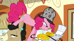 Size: 1050x590 | Tagged: safe, screencap, character:gustave le grande, character:pinkie pie, species:donkey, species:earth pony, species:griffon, species:mule, species:pony, episode:mmmystery on the friendship express, g4, my little pony: friendship is magic, bug eyes, clothing, deerstalker, ear piercing, earring, eye contact, female, glare, gustave le grande, hat, hybrid, jewelry, looking at each other, male, mare, mulia mild, piercing, toque, trio