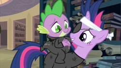 Size: 853x480 | Tagged: safe, screencap, character:spike, character:twilight sparkle, character:twilight sparkle (unicorn), species:dragon, species:pony, species:unicorn, episode:it's about time, g4, my little pony: friendship is magic, alternate hairstyle, book, canterlot archives, catsuit, cut, dragons riding ponies, duo, eyepatch, female, library, male, mare, riding, scar, scroll