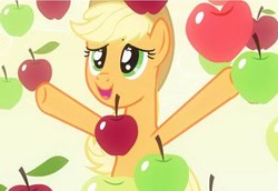 Size: 300x206 | Tagged: safe, screencap, character:applejack, species:earth pony, species:pony, episode:bats!, g4, my little pony: friendship is magic, apple, apple eyes, apple rain, cropped, female, food, happy, mare, picture for breezies, smiling, solo, that pony sure does love apples, wingding eyes