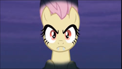 Size: 1366x768 | Tagged: safe, screencap, character:flutterbat, character:fluttershy, species:bat pony, species:pony, episode:bats!, g4, my little pony: friendship is magic, eyes, fangs, frown, looking at you, race swap, solo, vampire, vampire fruit bat pony