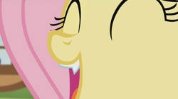Size: 1685x945 | Tagged: safe, screencap, character:flutterbat, character:fluttershy, species:bat pony, species:pony, episode:bats!, g4, my little pony: friendship is magic, cliffhanger, fangs, happy, monofang, mouth, race swap, solo, teeth, tooth, wolf teeth