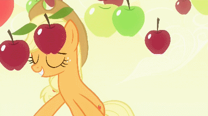 Size: 416x232 | Tagged: safe, screencap, character:applejack, species:pony, episode:bats!, g4, my little pony: friendship is magic, animated, apple, apple eyes, apple rain, bipedal, cute, falling, happy, silly, silly pony, solo, that pony sure does love apples, wingding eyes