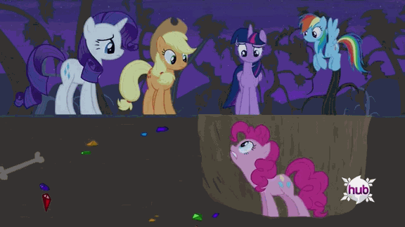 Size: 576x324 | Tagged: safe, screencap, character:applejack, character:pinkie pie, character:rainbow dash, character:rarity, character:twilight sparkle, character:twilight sparkle (alicorn), species:alicorn, species:earth pony, species:pegasus, species:pony, species:unicorn, episode:bats!, g4, my little pony: friendship is magic, animated, bone, digging, dirt, drill hair, drill mane, female, gem, ground, hole, hub logo, hubble, mare, the hub, tunnel, underground