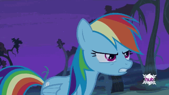 Size: 576x324 | Tagged: safe, screencap, character:rainbow dash, episode:bats!, g4, my little pony: friendship is magic, animated, attack, dark, flying, hub logo, hubble, night, rainbow, scarecrow, solo, tackle, the hub, tree