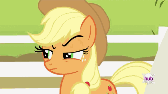 Size: 576x324 | Tagged: safe, screencap, character:applejack, species:earth pony, species:pony, episode:bats!, g4, my little pony: friendship is magic, animated, apple, apple tree, bent over, cloth, female, fence, giant apple, hub logo, hubble, mare, mouth hold, solo, sweet apple acres, the hub, tree