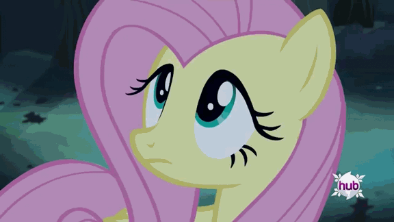 Size: 576x324 | Tagged: safe, screencap, character:fluttershy, episode:bats!, g4, my little pony: friendship is magic, animated, drool, eye color change, eyes, fangs, hub logo, hubble, mouth, solo, teeth, the hub, tongue out, tooth
