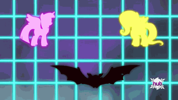 Size: 576x324 | Tagged: safe, screencap, character:flutterbat, character:fluttershy, character:twilight sparkle, character:twilight sparkle (alicorn), species:alicorn, species:bat pony, species:pony, episode:bats!, g4, my little pony: friendship is magic, animated, fruit bat, hoofy-kicks, hub logo, hubble, race swap, the hub, tron, vampire fruit bat