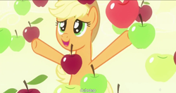 Size: 1152x609 | Tagged: safe, screencap, character:applejack, episode:bats!, g4, my little pony: friendship is magic, apple, apple rain, dubstep, meme, solo, that pony sure does love apples, youtube caption