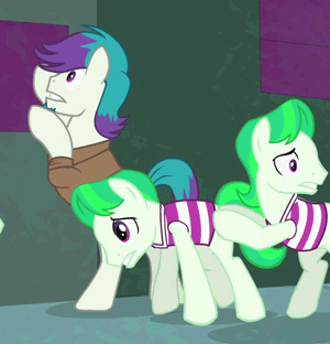 Size: 300x312 | Tagged: safe, screencap, species:earth pony, species:pony, episode:power ponies, g4, my little pony: friendship is magic, animated, barbershop squad, butt touch, henchmen, hoof on butt, neon brush, out of context, pushing, quick trim, rump push, scared