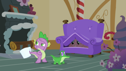 Size: 1050x590 | Tagged: safe, screencap, character:gummy, character:pinkie pie, character:spike, episode:just for sidekicks, g4, my little pony: friendship is magic, chair, fireplace, flower, log, measuring cup, picture frame, smiling, soon, vace