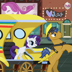 Size: 548x549 | Tagged: safe, screencap, character:rarity, species:earth pony, species:pony, species:unicorn, episode:rarity takes manehattan, g4, my little pony: friendship is magic, background pony, carriage, facebook, female, heart, hub logo, hub network, male, manehattan, mare, pronto, rearing, saddle row, stallion, taxi, taxi pony, the hub