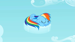Size: 969x545 | Tagged: safe, screencap, character:rainbow dash, species:pegasus, species:pony, episode:the cutie pox, g4, my little pony: friendship is magic, cloud, cloudy, cutie mark, eyes closed, female, floppy ears, hooves, lying on a cloud, mare, nap, on a cloud, prone, sleeping, sleepydash, solo, wings