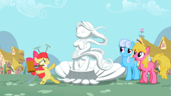 Size: 969x545 | Tagged: safe, screencap, character:apple bloom, character:cherry berry, character:linky, character:shoeshine, episode:the cutie pox, g4, my little pony: friendship is magic, loop-de-hoop, mallet, plate spinning, ponyville, shell, statue