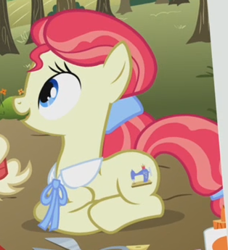 Size: 314x345 | Tagged: safe, screencap, character:sew 'n sow, species:earth pony, species:pony, episode:apple family reunion, g4, my little pony: friendship is magic, apple family member, background pony, cropped, female, mare, prone, solo, solo focus