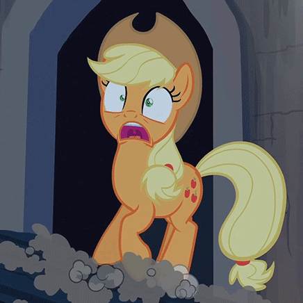 Size: 436x436 | Tagged: safe, screencap, character:applejack, episode:castle mane-ia, g4, my little pony: friendship is magic, animated, horses doing horse things, open mouth, panic, scared, screaming, solo, trotting, trotting in place, uvula, wide eyes, yelling