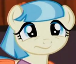 Size: 337x286 | Tagged: safe, screencap, character:coco pommel, episode:rarity takes manehattan, g4, my little pony: friendship is magic, season 4, :s, cocobetes, cute, faec, low quality, reaction image, solo, wavy mouth, wrong aspect ratio
