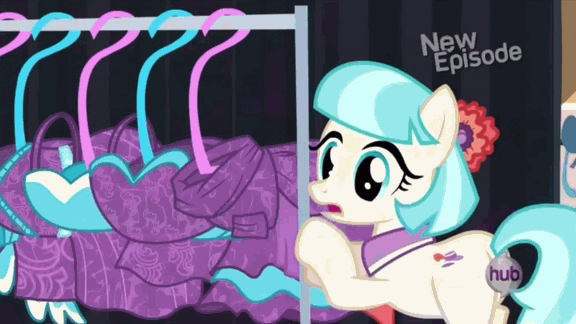 Size: 576x324 | Tagged: safe, screencap, character:coco pommel, character:suri polomare, episode:rarity takes manehattan, g4, my little pony: friendship is magic, animated, clothing, dress, hub logo, hubble, the hub