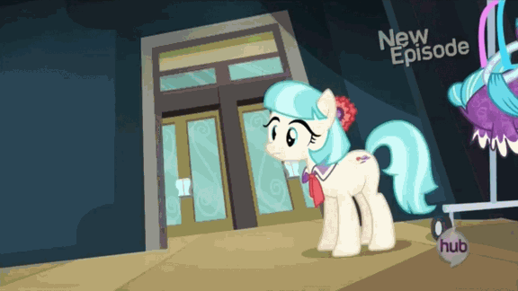 Size: 576x324 | Tagged: safe, screencap, character:coco pommel, character:rarity, episode:rarity takes manehattan, g4, my little pony: friendship is magic, animated, hub logo, hubble, the hub