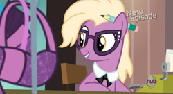 Size: 852x468 | Tagged: safe, screencap, character:grace manewitz, species:earth pony, species:pony, episode:rarity takes manehattan, g4, my little pony: friendship is magic, female, glasses, hub logo, mare, pencil, solo