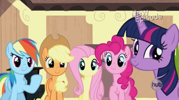 Size: 576x324 | Tagged: safe, screencap, character:applejack, character:fluttershy, character:pinkie pie, character:rainbow dash, character:twilight sparkle, character:twilight sparkle (alicorn), species:alicorn, species:earth pony, species:pegasus, species:pony, episode:rarity takes manehattan, g4, my little pony: friendship is magic, animated, applejack's hat, clothing, cowboy hat, cute, diapinkes, female, happy, hat, hub logo, hubble, jackabetes, looking at you, mare, open mouth, raised hoof, shyabetes, smiling, the hub, twiabetes, twiface, wrong neighborhood