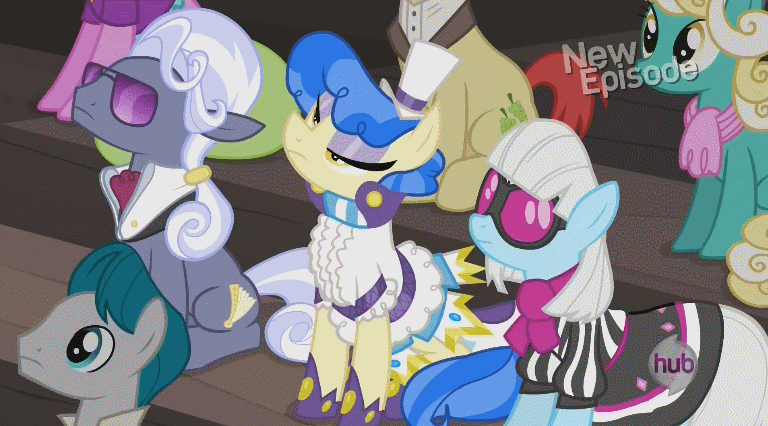 Size: 768x426 | Tagged: safe, screencap, character:daisy, character:don neigh, character:hoity toity, character:photo finish, character:sapphire shores, character:upper east side, episode:rarity takes manehattan, g4, my little pony: friendship is magic, animated, audience, clapping, cute, happy, honey curls, hub logo, mare e. lynn, sapphire sweetness