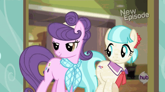 Size: 576x324 | Tagged: safe, screencap, character:coco pommel, character:suri polomare, episode:rarity takes manehattan, g4, my little pony: friendship is magic, animated, hub logo, hubble, the hub