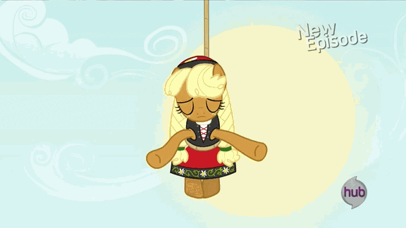 Size: 576x324 | Tagged: safe, screencap, species:earth pony, species:hinny, species:pony, episode:rarity takes manehattan, g4, my little pony: friendship is magic, animated, clothing, d:, dress, eyes closed, female, hinny of the hills, hub logo, hubble, mare, open mouth, rope, singing, solo, sun, suspended, the hub, tongue out, underhoof, uvula