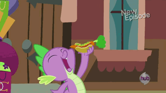 Size: 570x321 | Tagged: safe, screencap, character:spike, species:bird, species:dragon, species:pony, episode:rarity takes manehattan, g4, my little pony: friendship is magic, aerial view, animated, background pony, carrot dog, city, cityscape, hub logo, male, manehattan, simpsons did it, spikeabuse, stadium, taxi, taxi pony, the simpsons, unnamed pony, zoom out