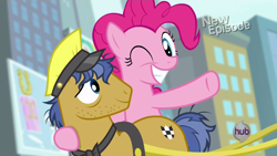 Size: 1366x768 | Tagged: safe, screencap, character:pinkie pie, species:earth pony, species:pony, episode:rarity takes manehattan, g4, my little pony: friendship is magic, background pony, female, fourth wall, hub logo, looking at you, male, mare, stallion, taxi pony, unnamed pony, wink