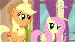 Size: 1276x720 | Tagged: safe, screencap, character:applejack, character:fluttershy, episode:rarity takes manehattan, g4, my little pony: friendship is magic, out of context