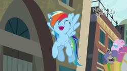 Size: 1920x1080 | Tagged: safe, screencap, character:rainbow dash, species:pegasus, species:pony, episode:rarity takes manehattan, g4, my little pony: friendship is magic, faec, female, flying, happy, luggage, manehattan, mare, solo