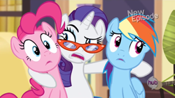Size: 1440x810 | Tagged: safe, screencap, character:pinkie pie, character:rainbow dash, character:rarity, episode:rarity takes manehattan, g4, my little pony: friendship is magic, awkward, d:, frown, hub logo, hubble, hug, raised eyebrow, rarity's glasses, uncomfortable, wide eyes